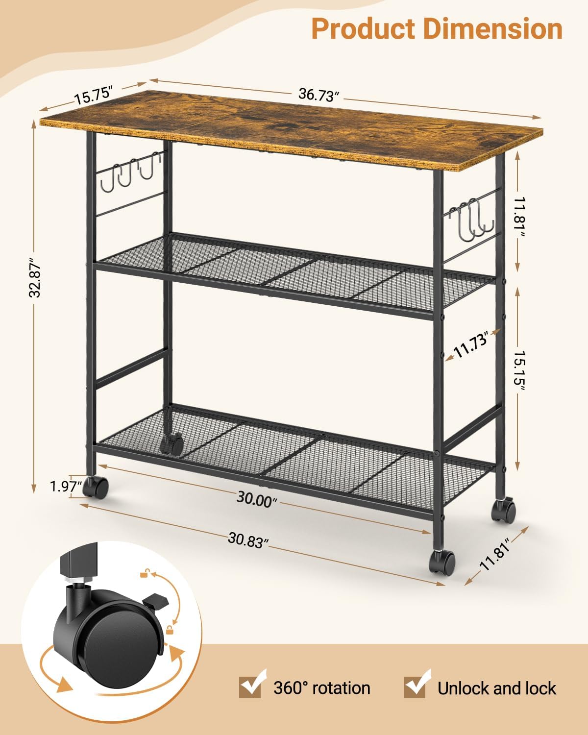 3-Tier Metal Rolling Kitchen Island