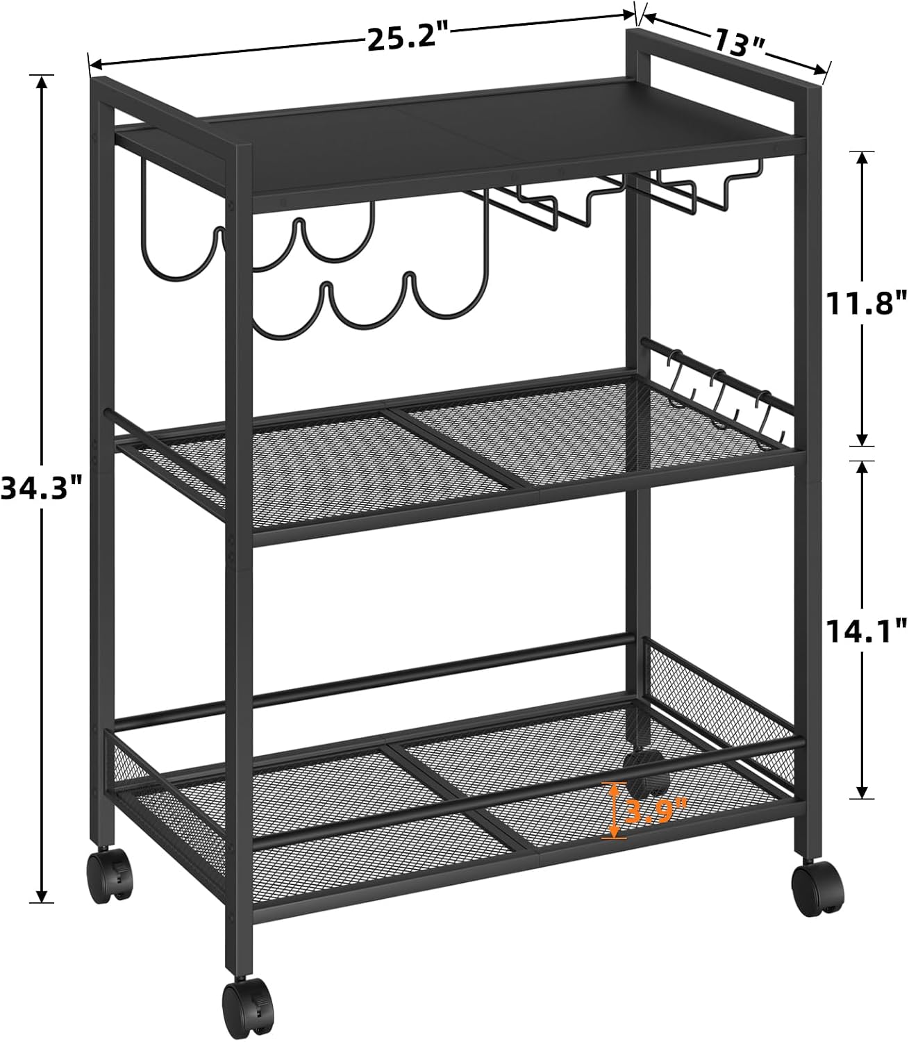 3-Tier Black Rolling Bar Cart