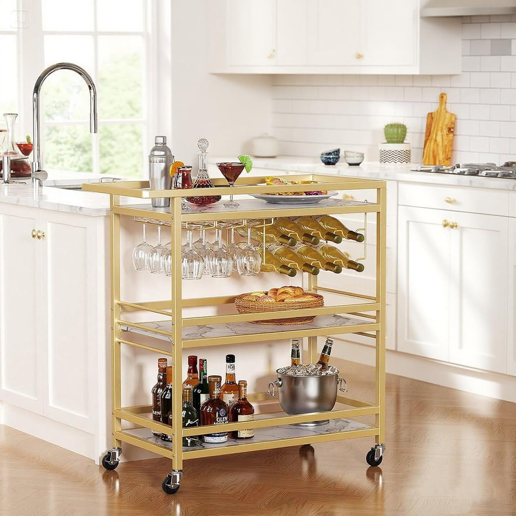 3-Tier Gold Marble Rolling Bar Cart