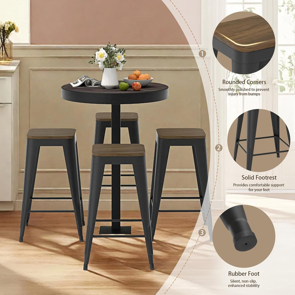 26" Black Industrial Metal Wood Seat Backless Bar Stools Set of 4