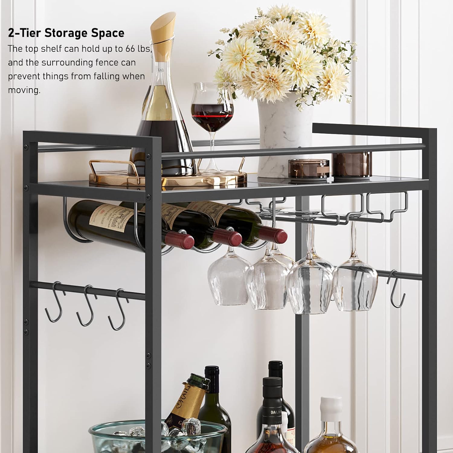 Black Rolling Wine Rack Bar Cart
