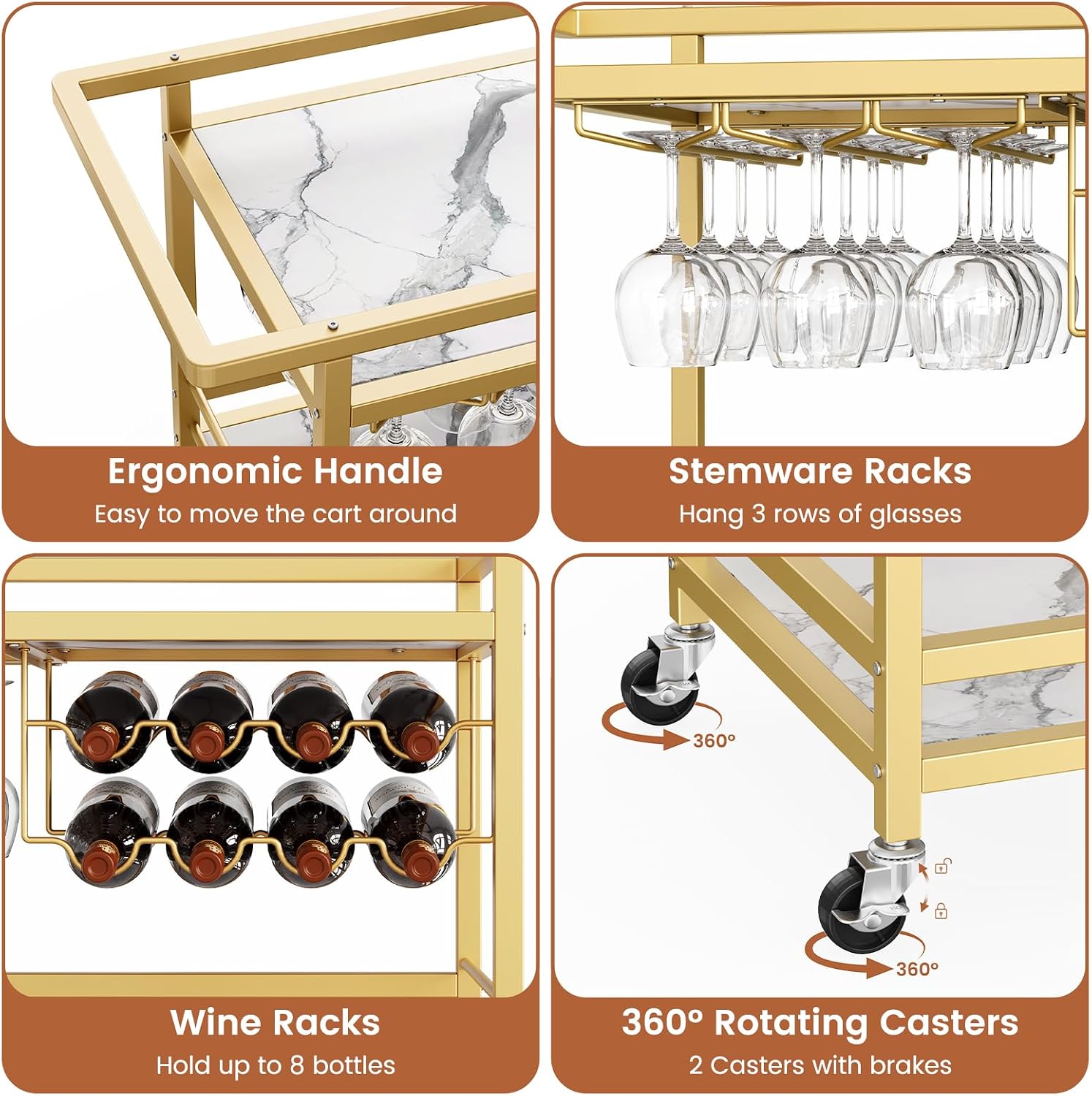 3-Tier Gold Marble Rolling Bar Cart