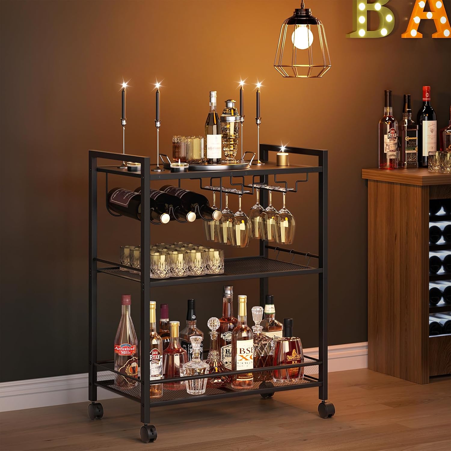 3-Tier Black Rolling Bar Cart