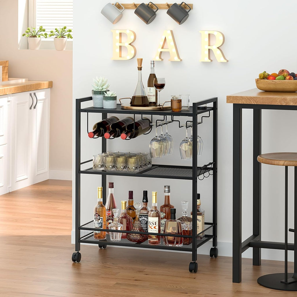 3-Tier Black Rolling Bar Cart