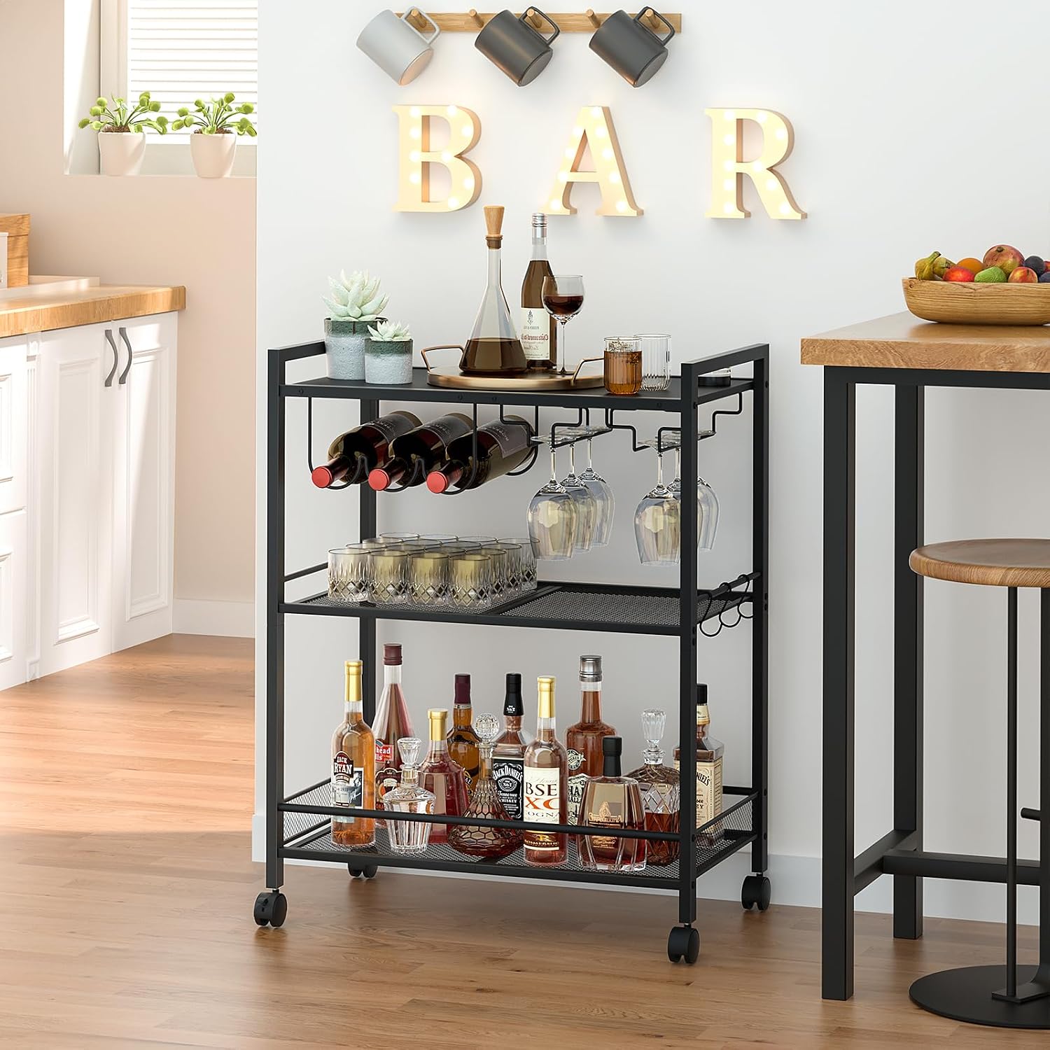 3-Tier Black Rolling Bar Cart