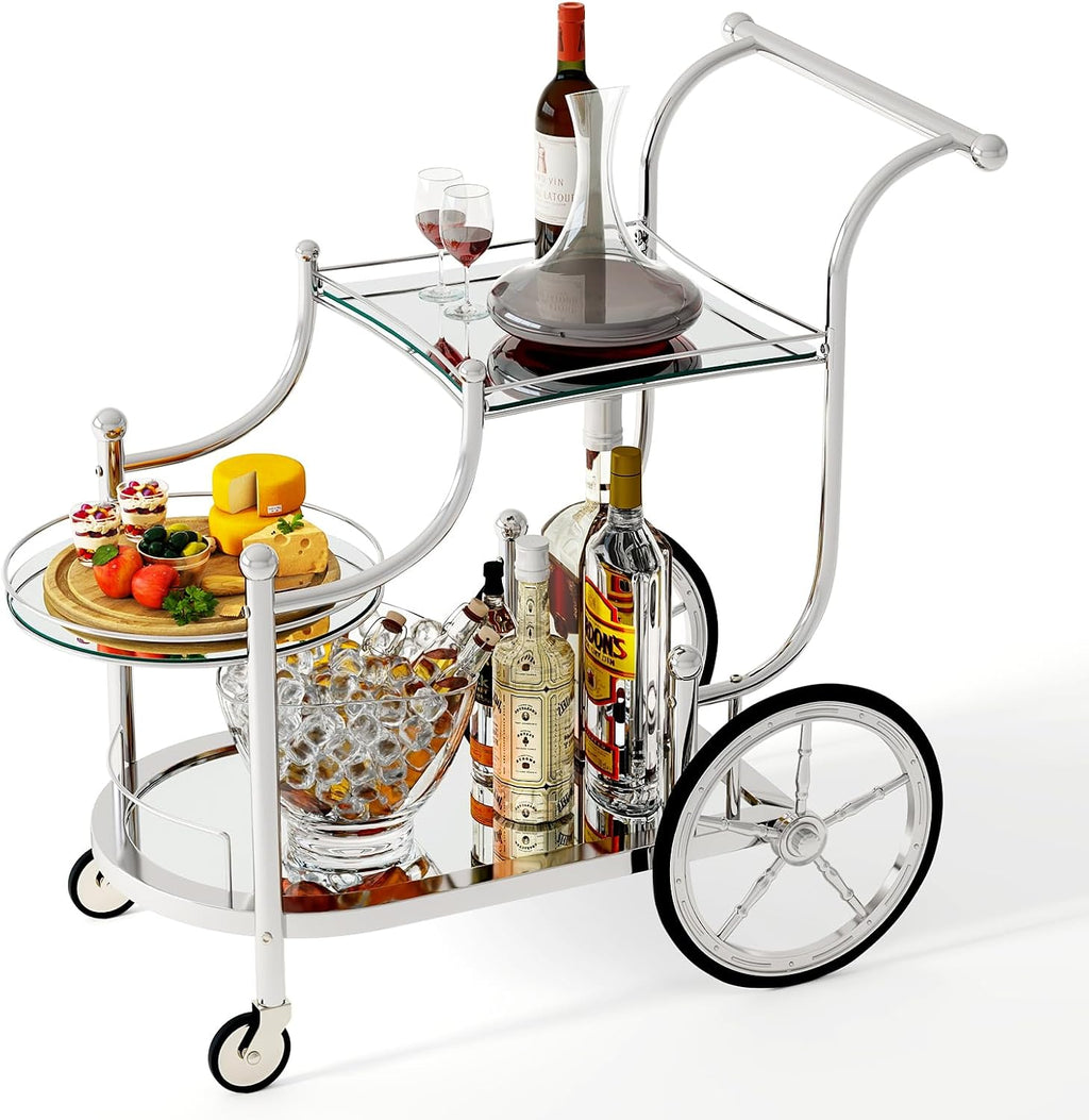 3-Tier Silver Rolling Bar Cart