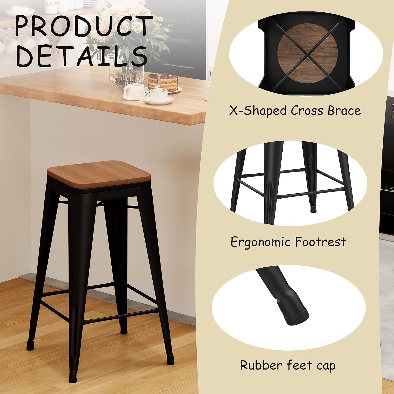 24" Wood Seat Black Bar Stools Set 4