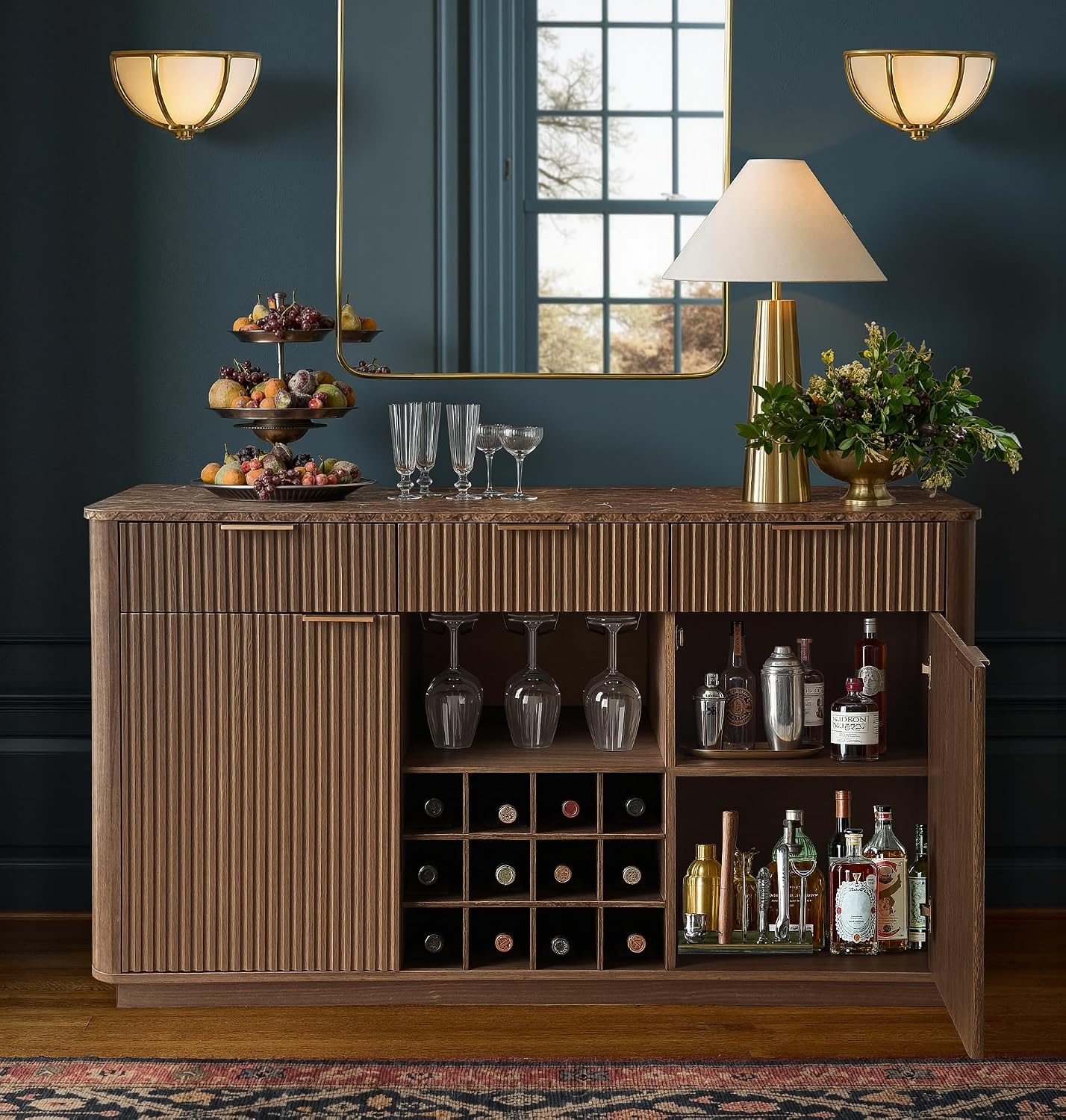 59" Walnut Fluted Marble Top Wine Bar Sideboard