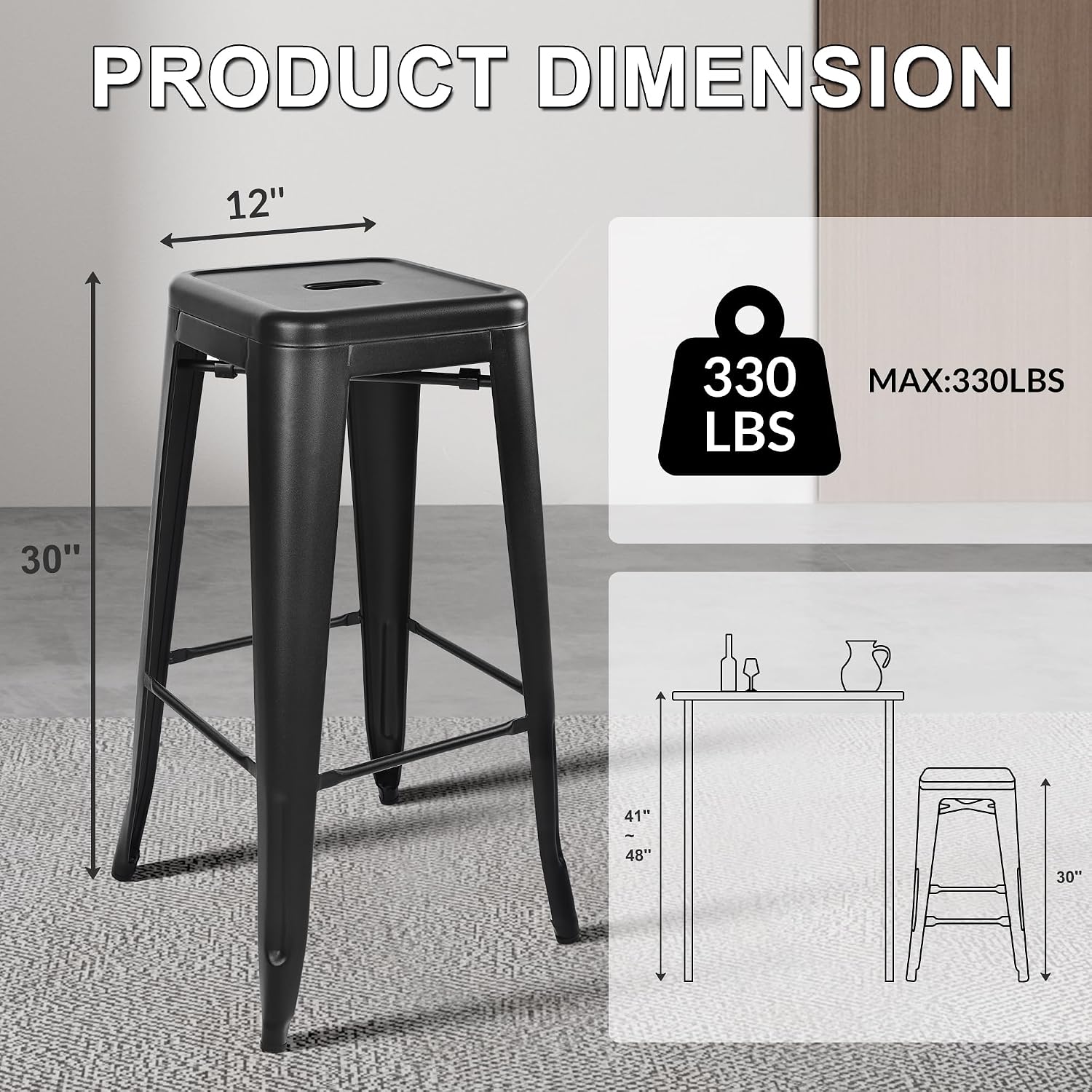 30" Graphite Stackable Backless Metal Bar Stools Set of 4