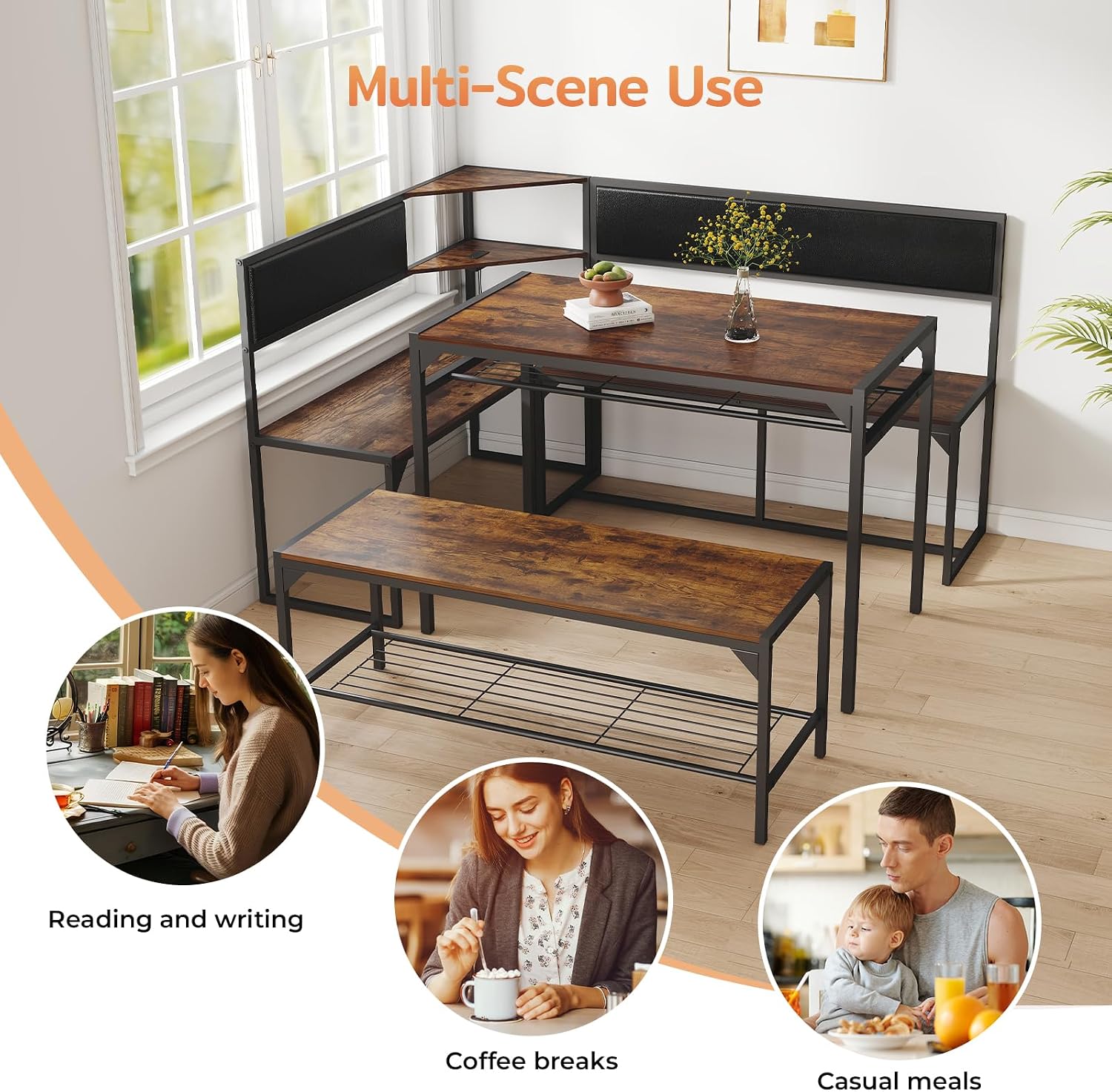 Brown L-Shaped Breakfast Nook Set