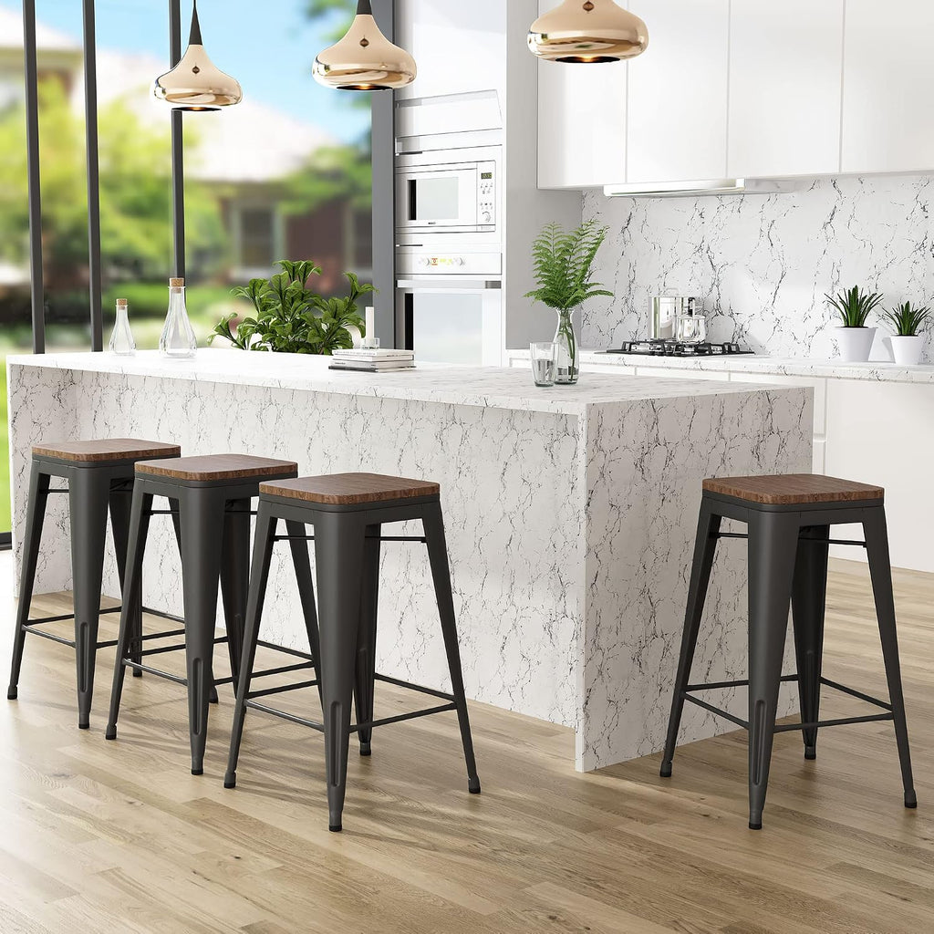 24" Wood Seat Black Bar Stools Set 4