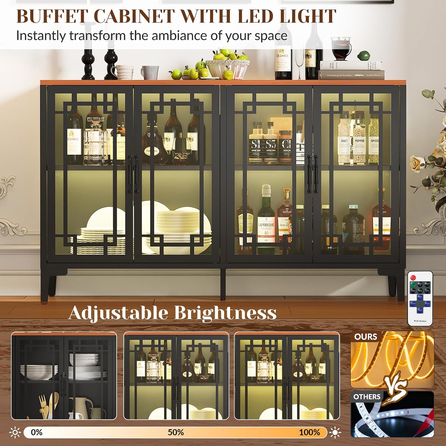 53" Black Farmhouse COB Light Glass Door Sideboard