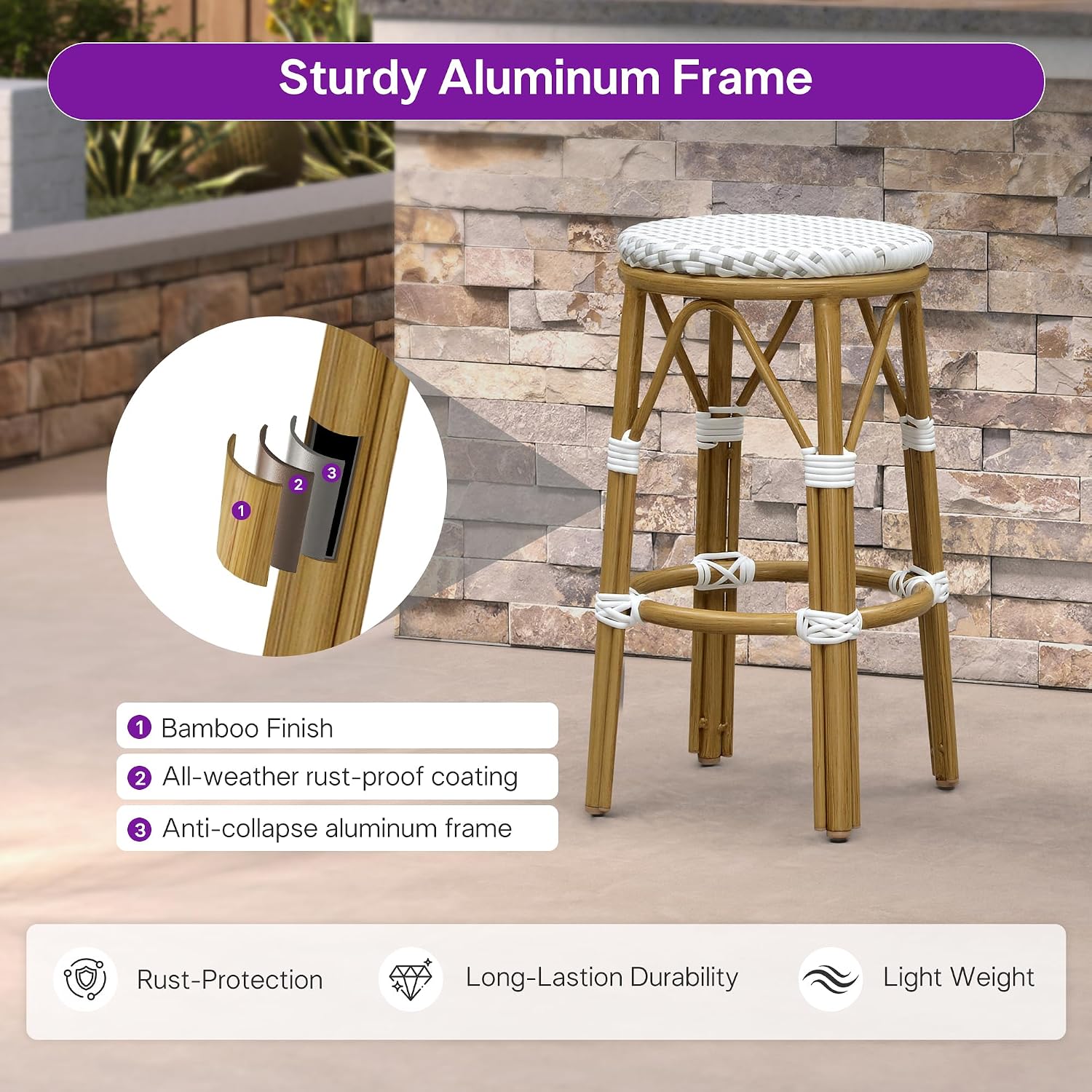 Round Aluminum Bamboo Finish Rattan Counter Stools Set of 2