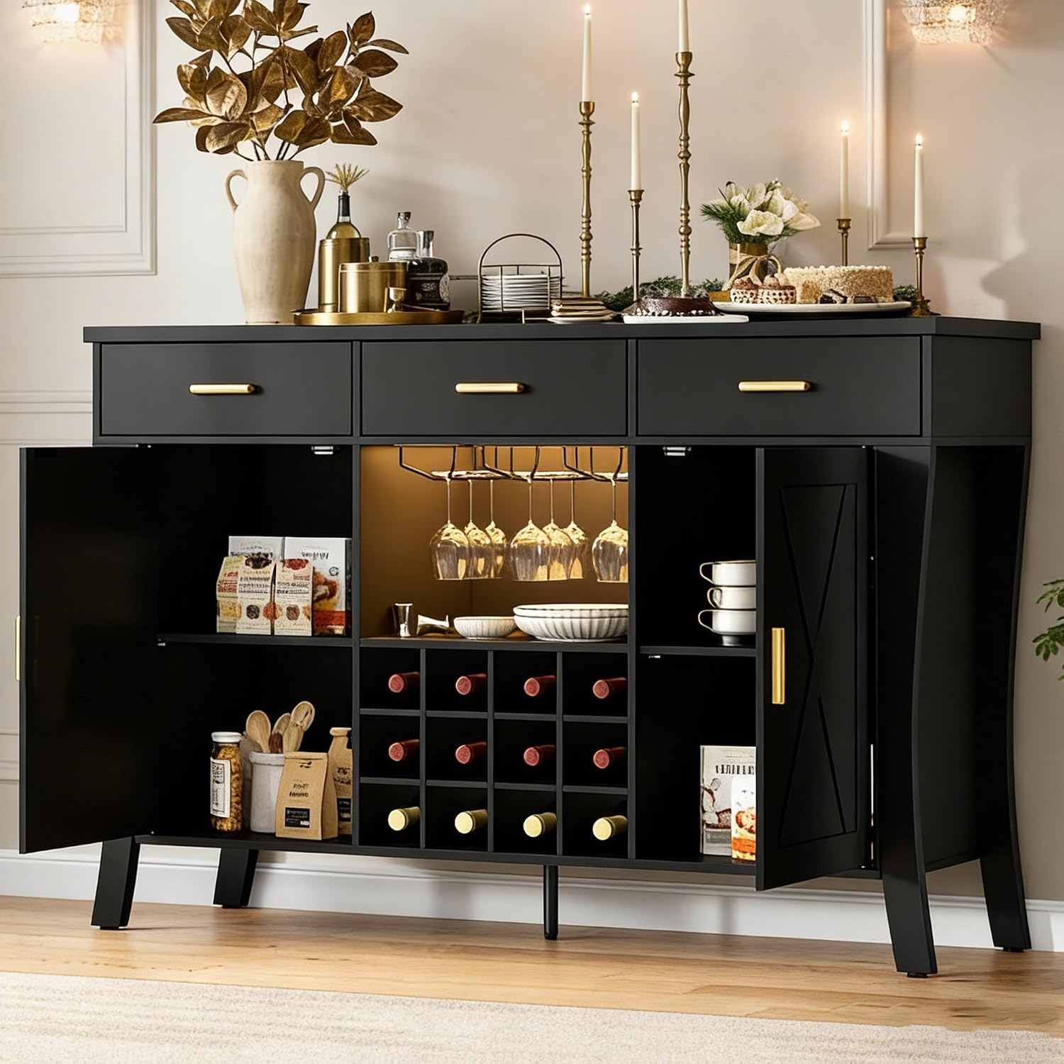 Black Farmhouse LED Wine Bar Cabinet