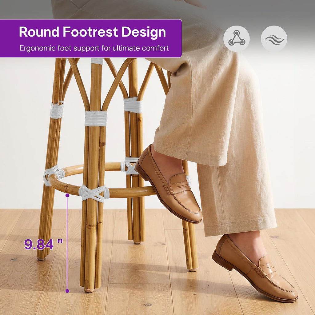 Round Aluminum Bamboo Finish Rattan Counter Stools Set of 2
