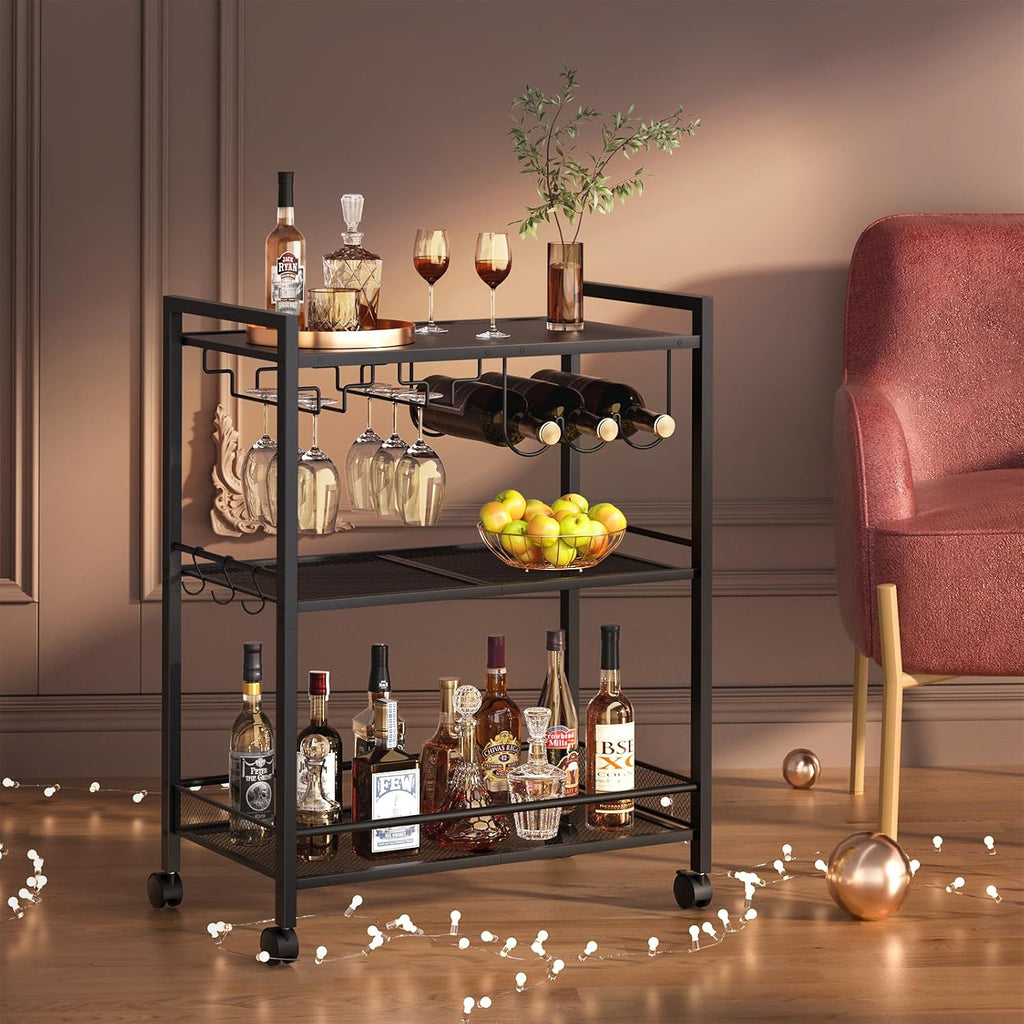 3-Tier Black Rolling Bar Cart