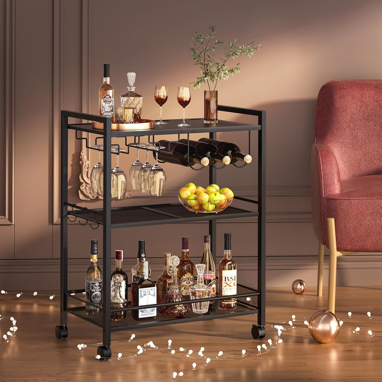 3-Tier Black Rolling Bar Cart