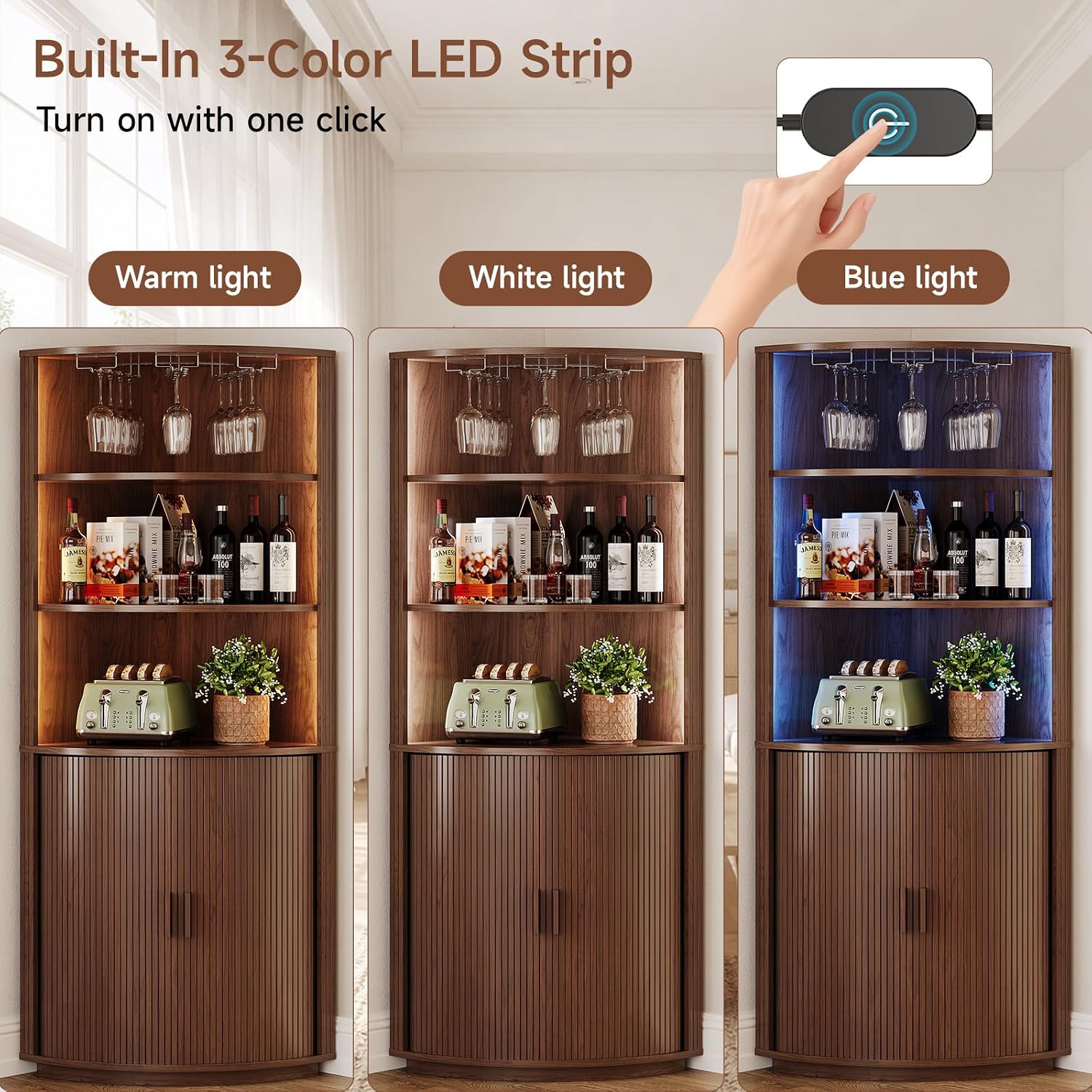 72" Walnut LED Fluted Corner Wine Bar Cabinet
