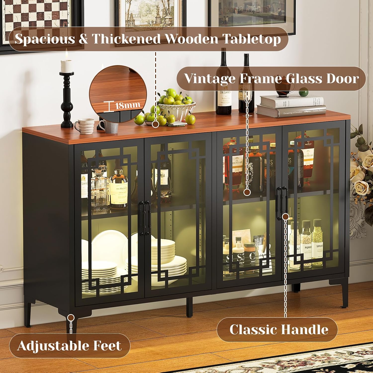 53" Black Farmhouse COB Light Glass Door Sideboard