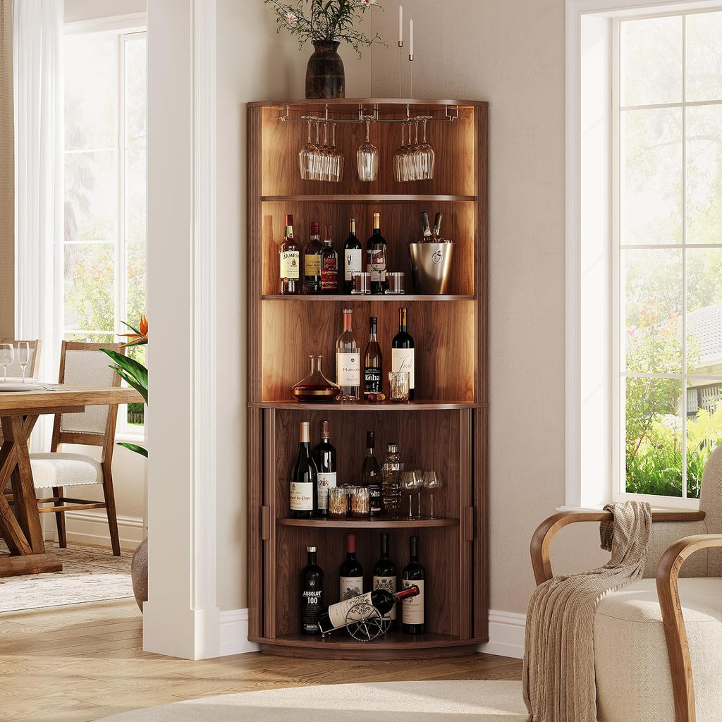 72" Walnut LED Fluted Corner Wine Bar Cabinet