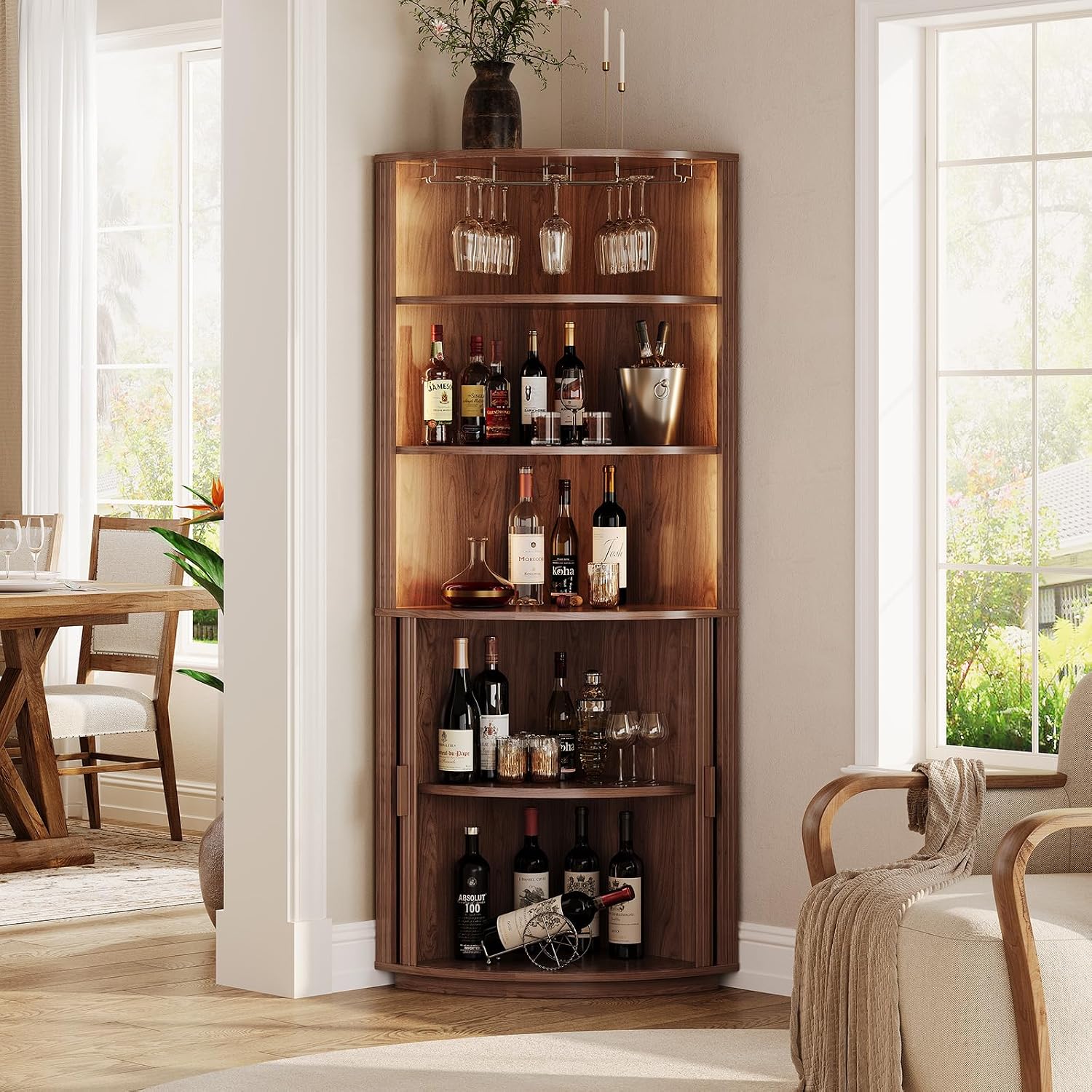 72" Walnut LED Fluted Corner Wine Bar Cabinet