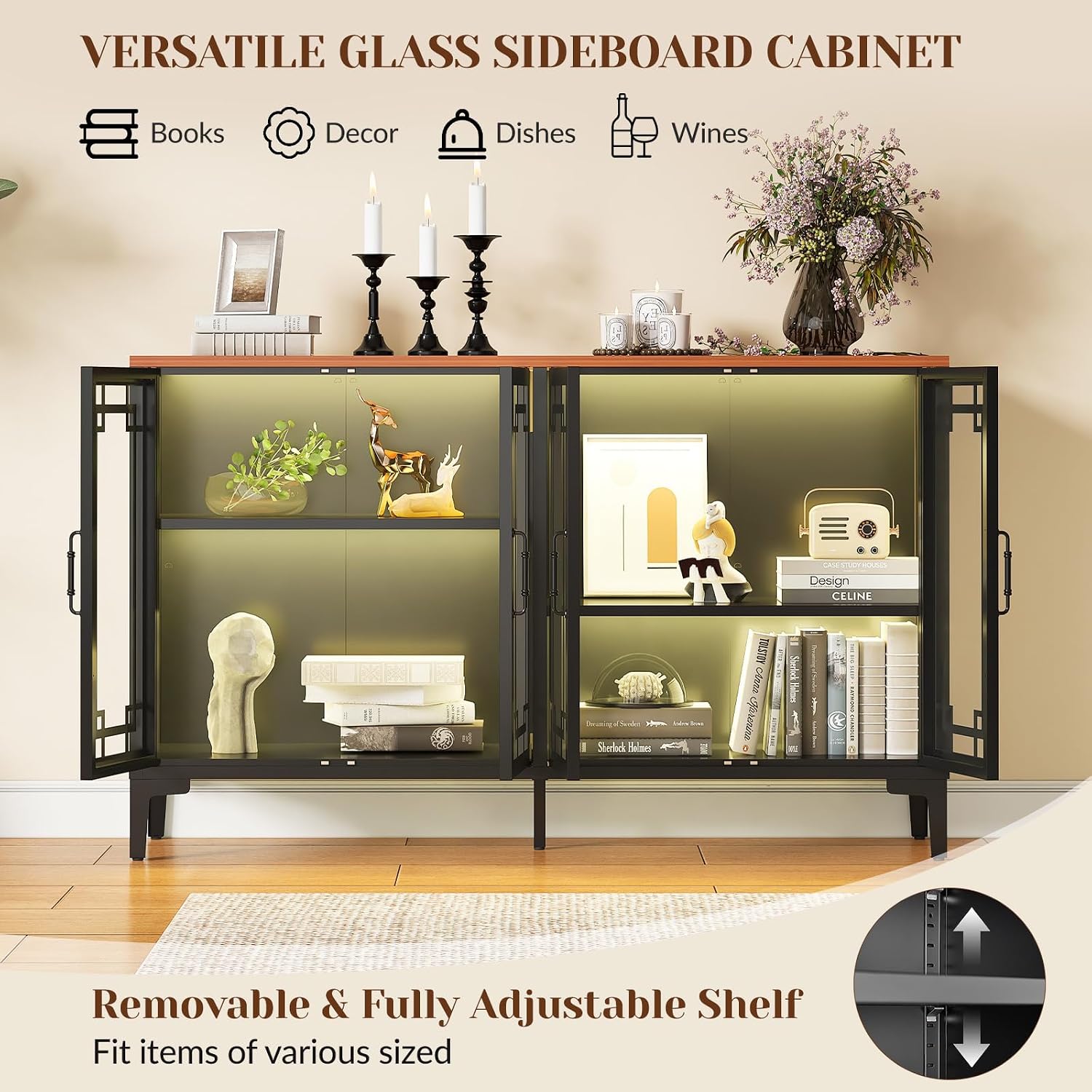 53" Black Farmhouse COB Light Glass Door Sideboard