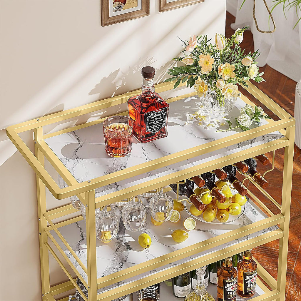 3-Tier Gold Marble Rolling Bar Cart