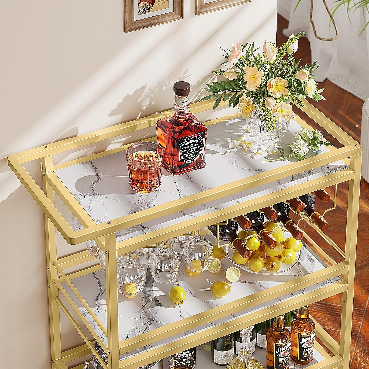 3-Tier Gold Marble Rolling Bar Cart