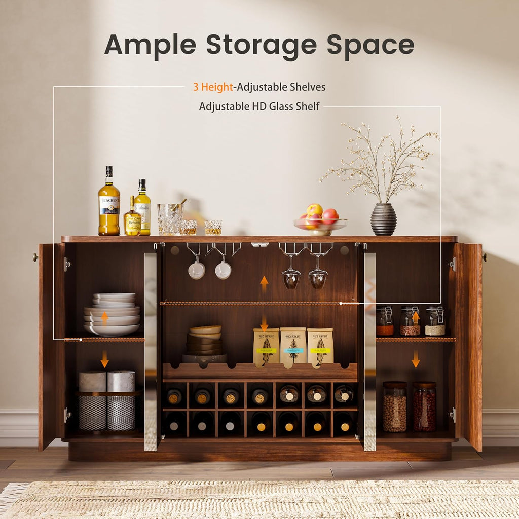 60" LED Glass Door Wine Coffee Bar Cabinet