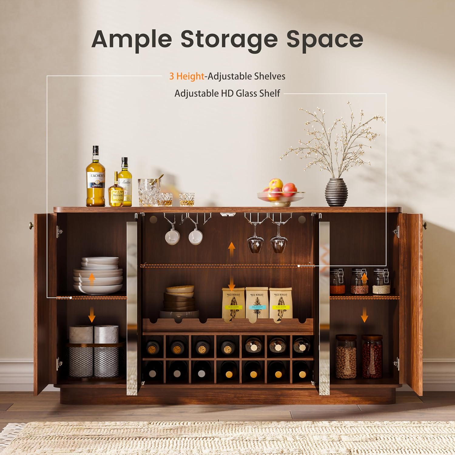 60" LED Glass Door Wine Coffee Bar Cabinet