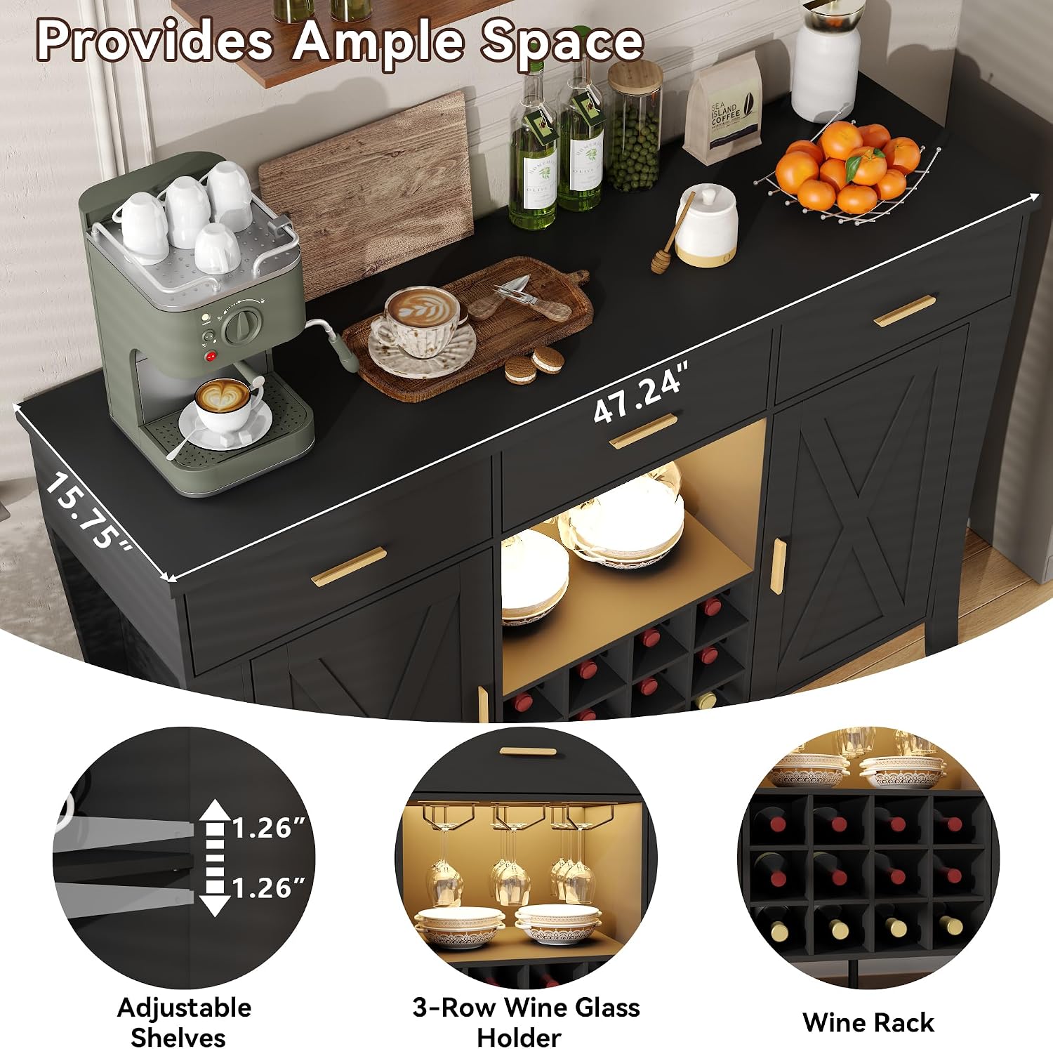 Black Farmhouse LED Wine Bar Cabinet