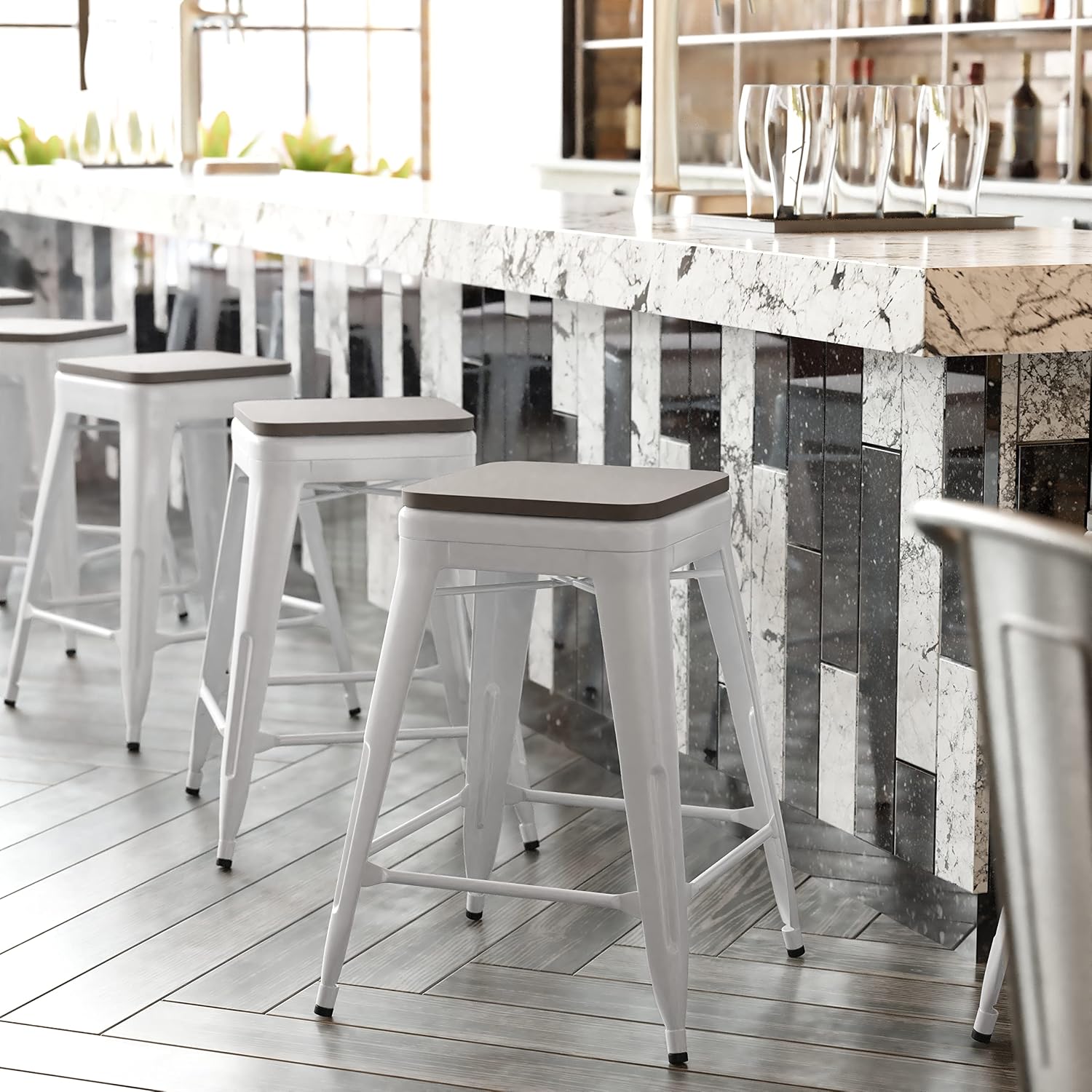 24" White Frame Gray Seat Bar Stool