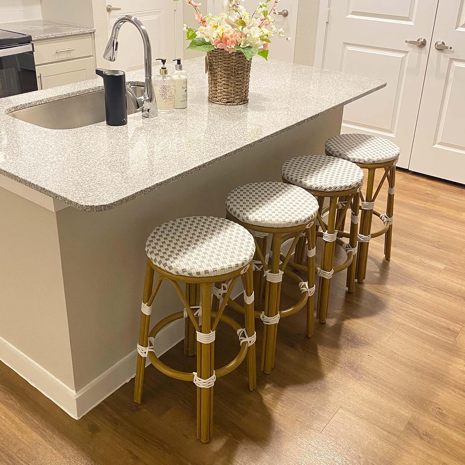 Round Aluminum Bamboo Finish Rattan Counter Stools Set of 2