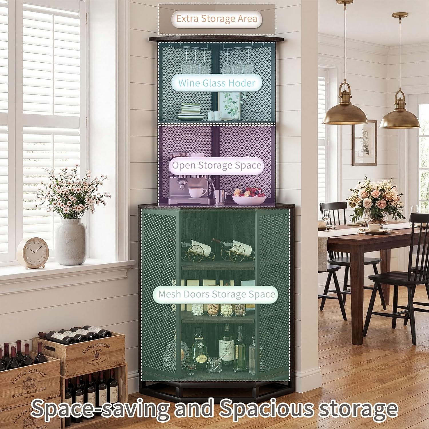 71" Dark Gray Industrial Corner Wine Bar Cabinet