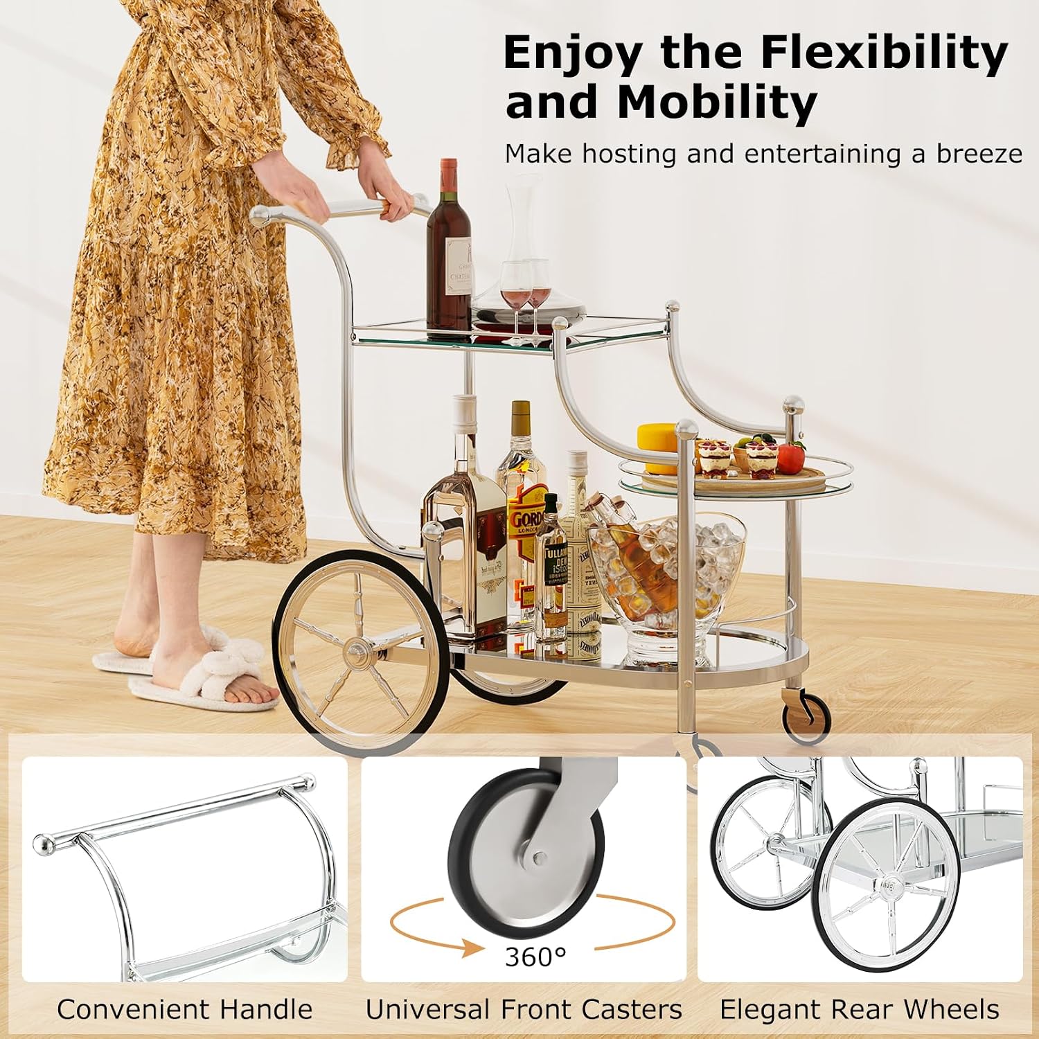 3-Tier Silver Rolling Bar Cart