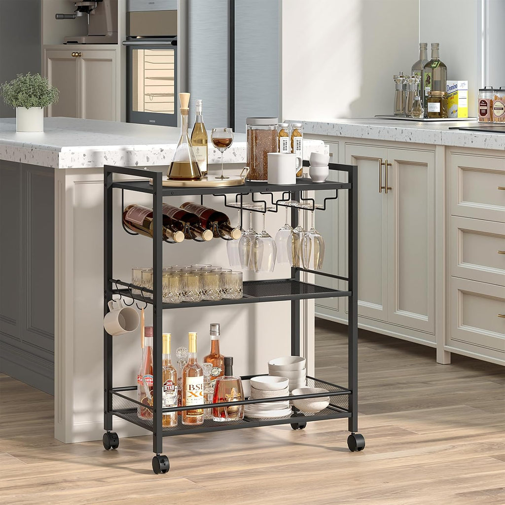 3-Tier Black Rolling Bar Cart