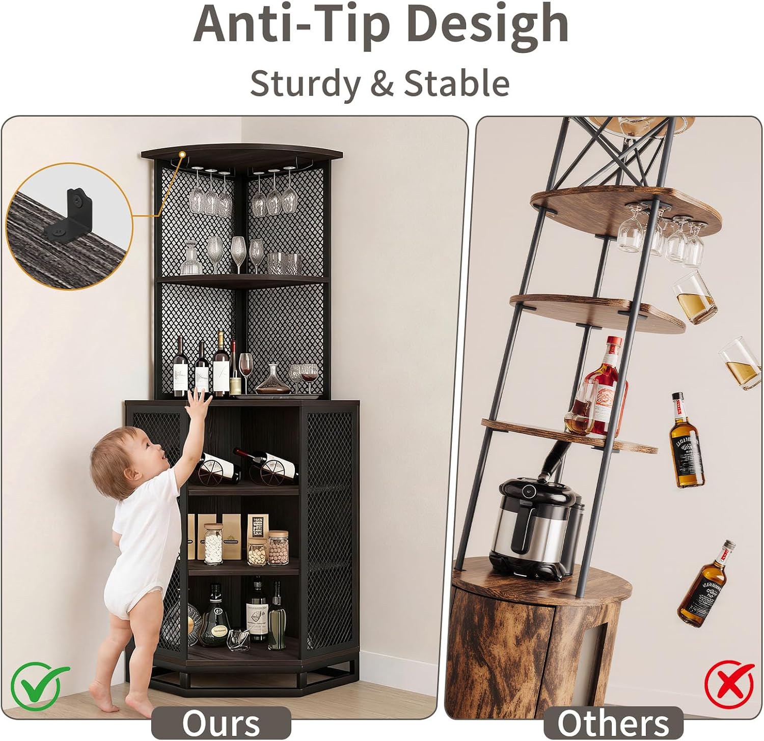 71" Dark Gray Industrial Corner Wine Bar Cabinet