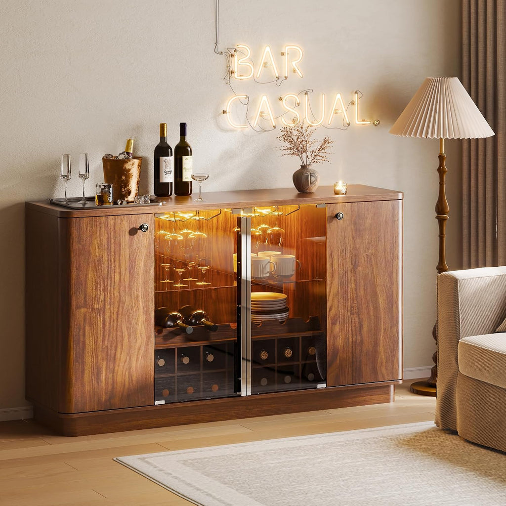 60" LED Glass Door Wine Coffee Bar Cabinet