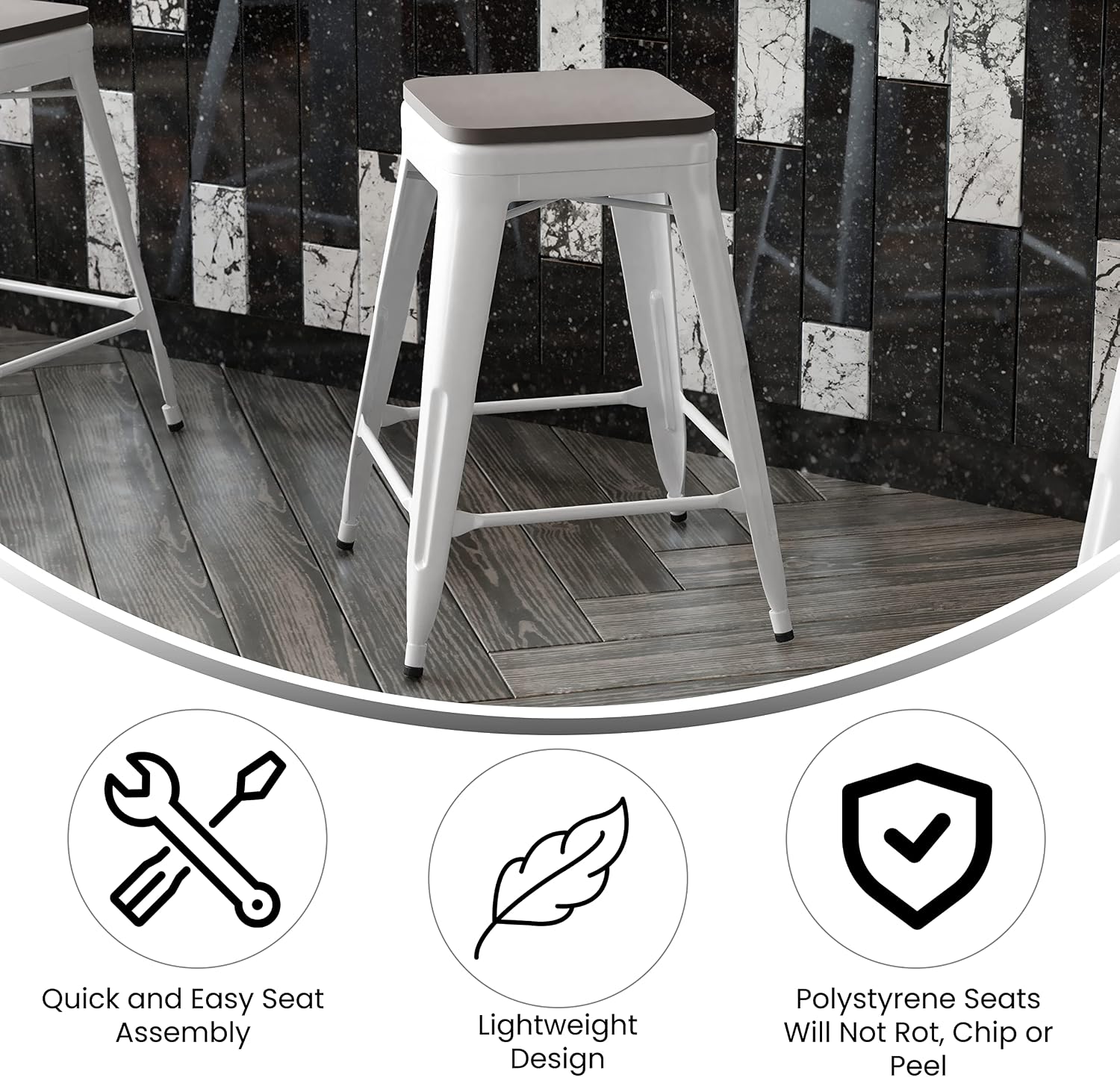 24" White Frame Gray Seat Bar Stool