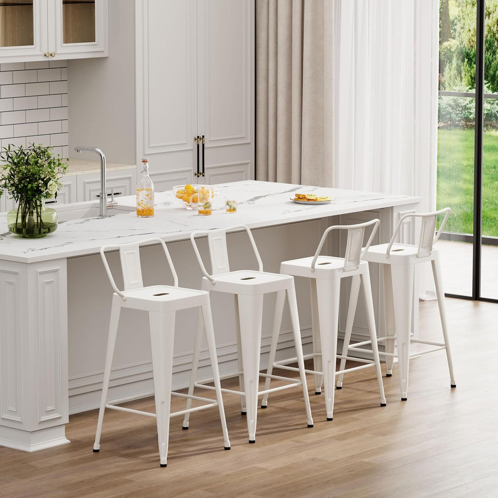 26" White Metal Bar Stools Set 4