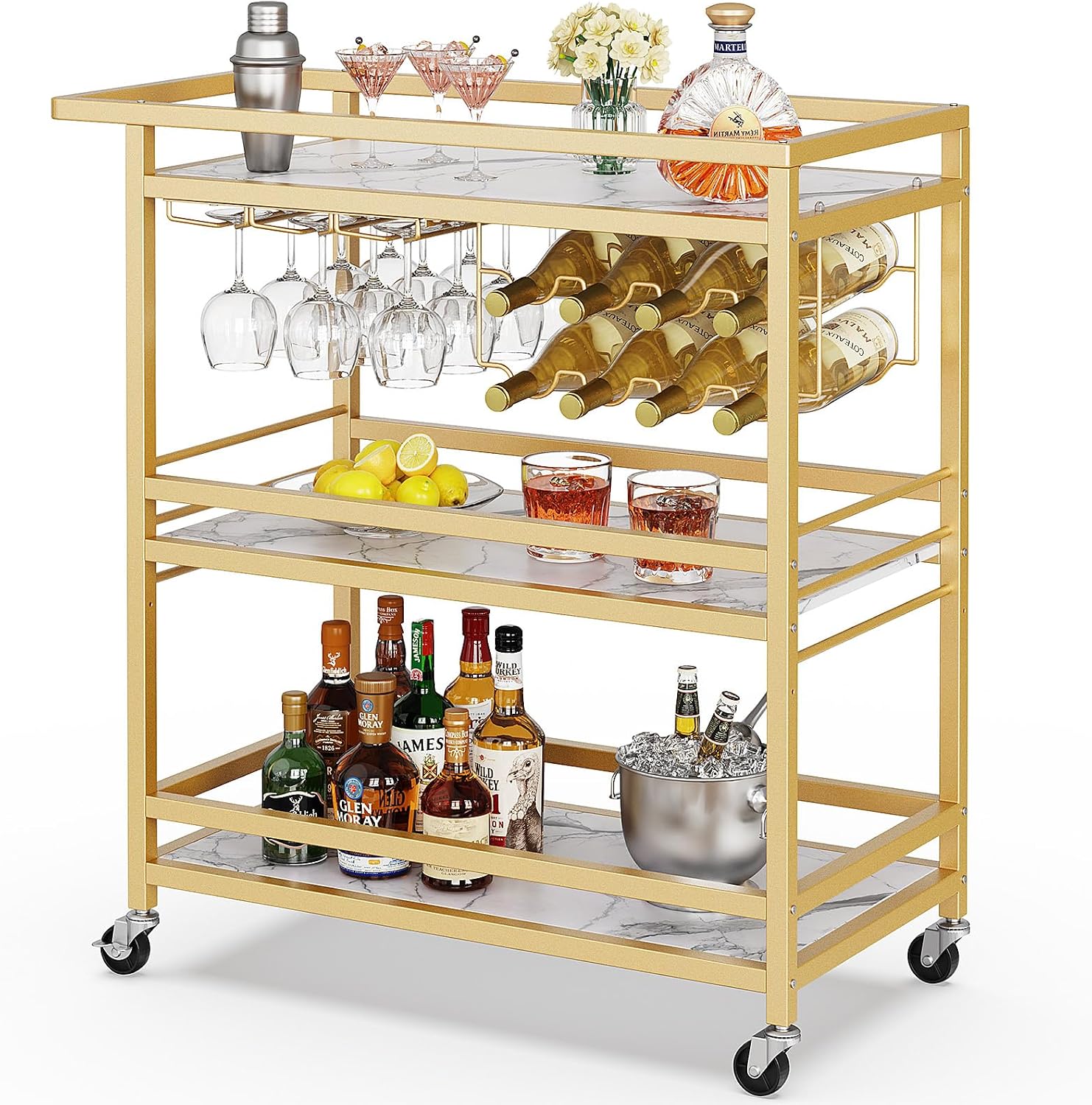 3-Tier Gold Marble Rolling Bar Cart