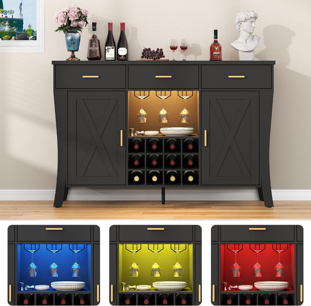Black Farmhouse LED Wine Bar Cabinet