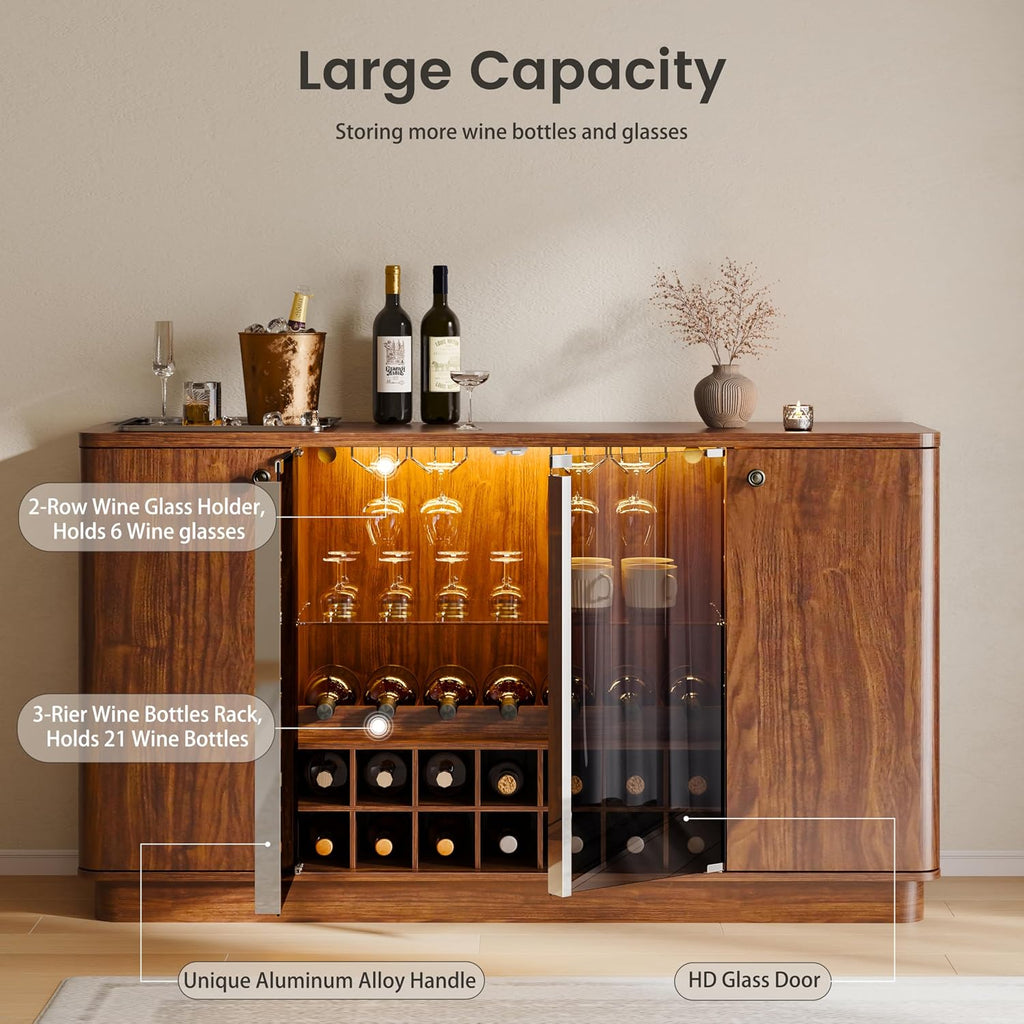 60" LED Glass Door Wine Coffee Bar Cabinet