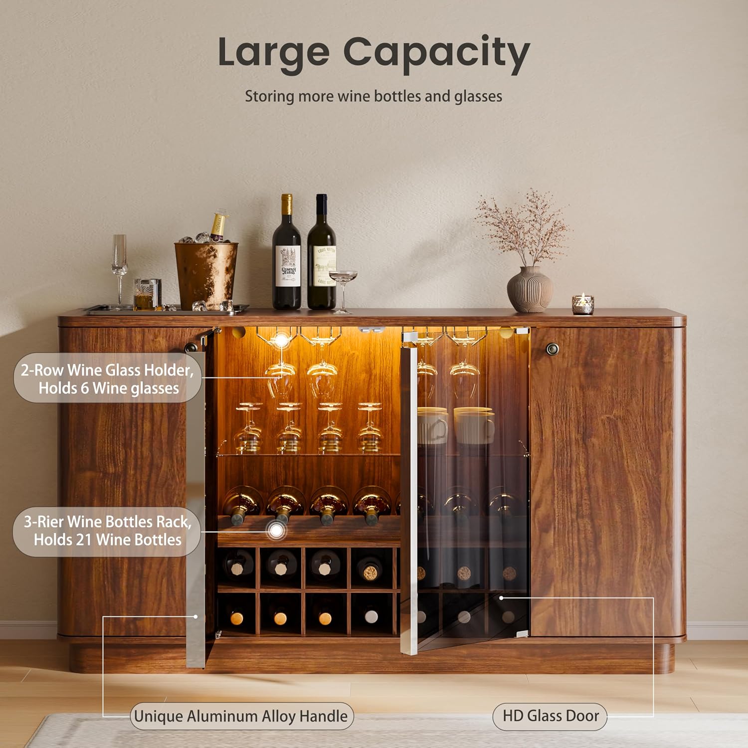 60" LED Glass Door Wine Coffee Bar Cabinet