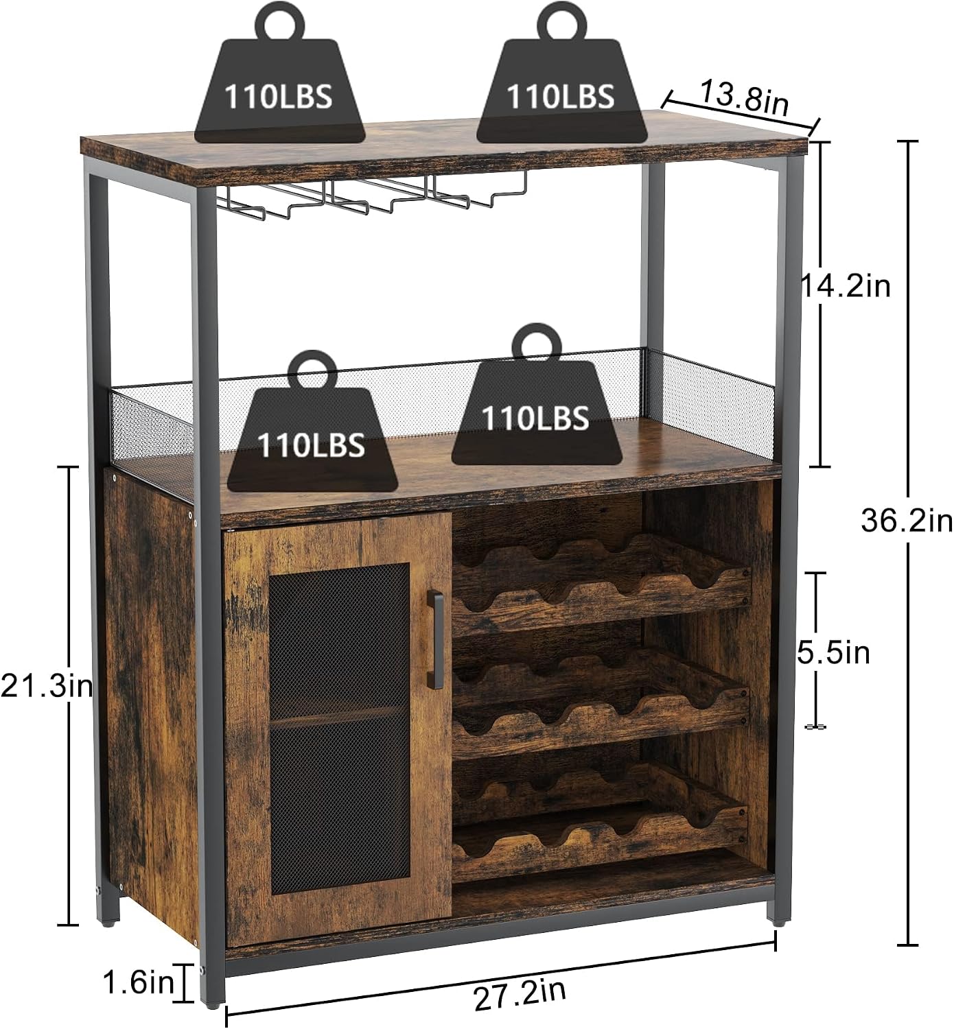 3-Tier Rustic Wine Bar Cabinet