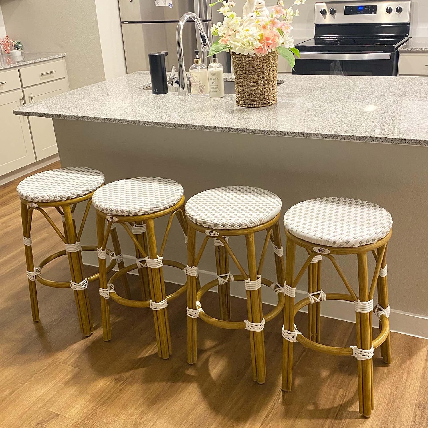 Round Aluminum Bamboo Finish Rattan Counter Stools Set of 2