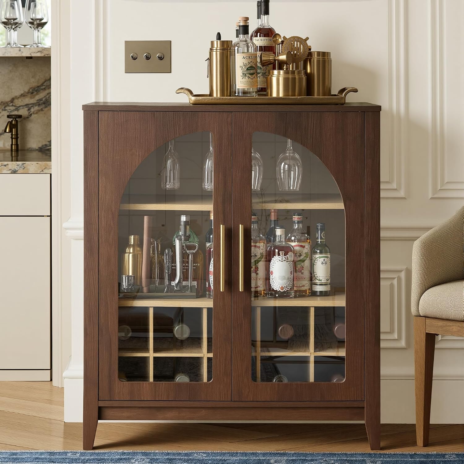 31.5" Walnut Mid-Century Glass Door Wine Bar Sideboard