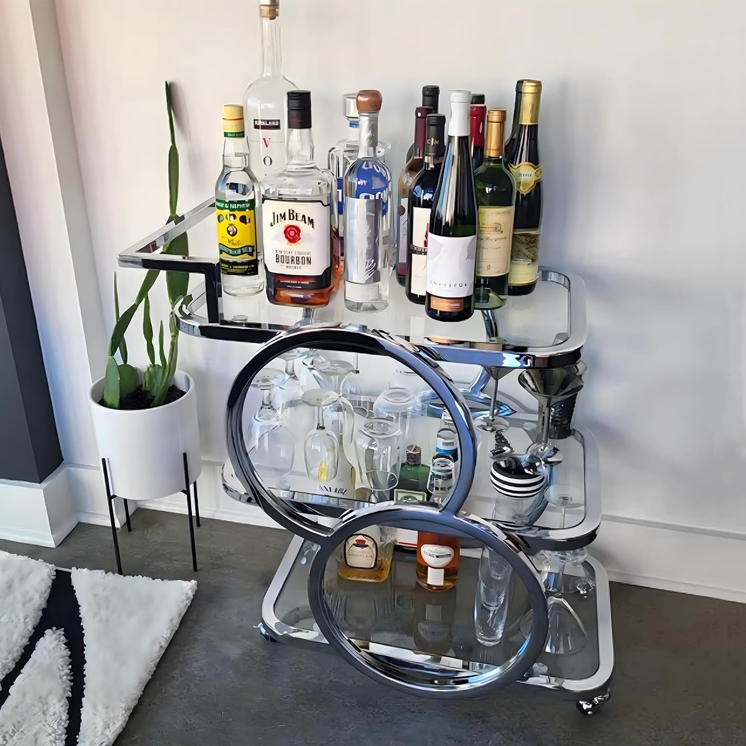 3-Tier Chrome Rolling Bar Cart