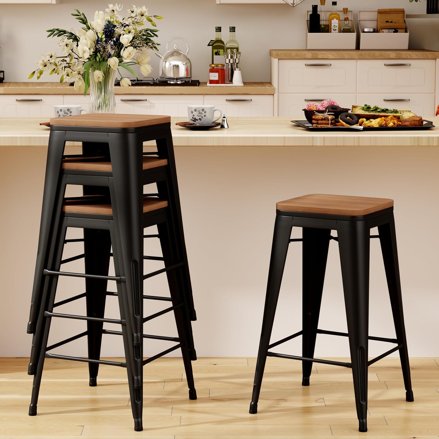 24" Wood Seat Black Bar Stools Set 4