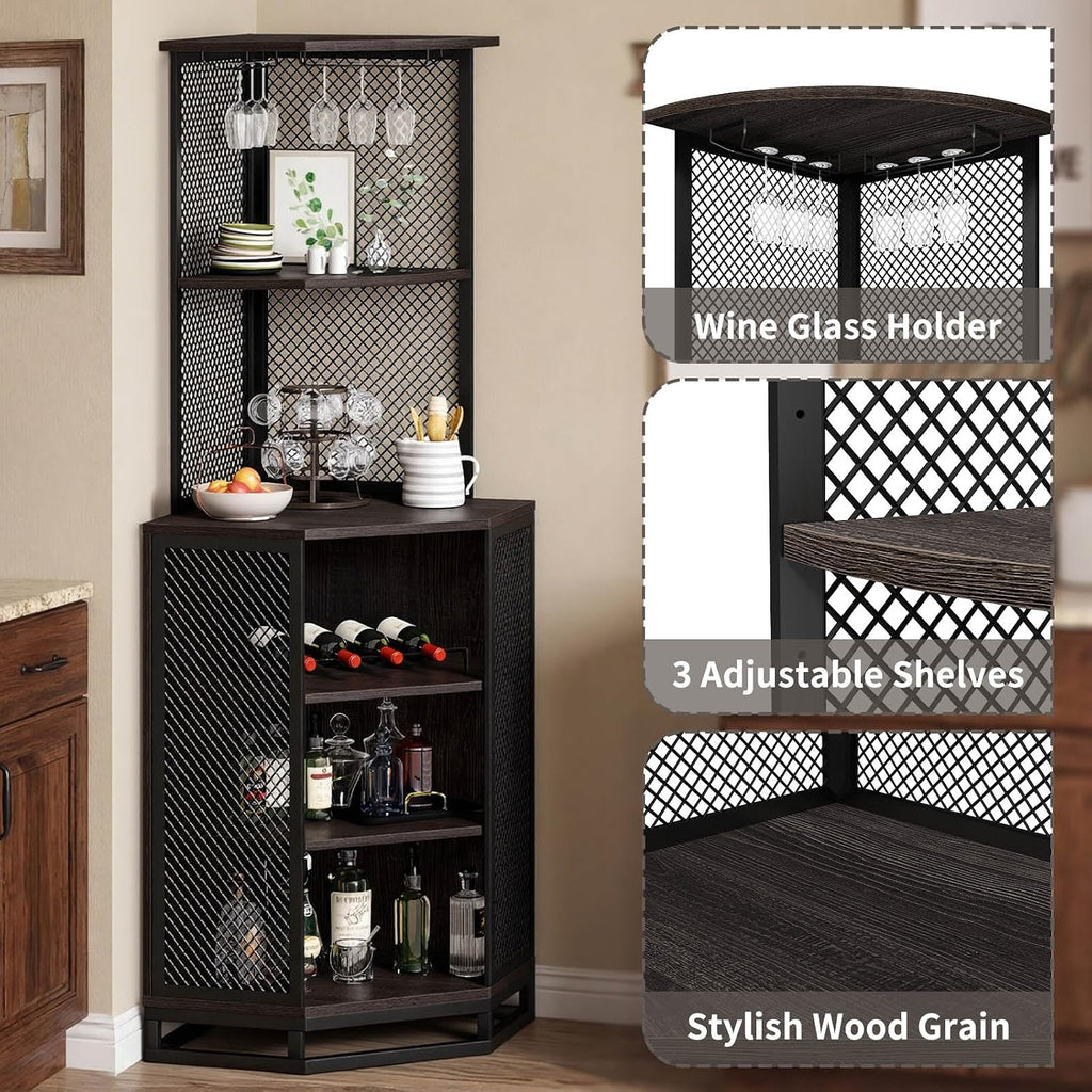 71" Dark Gray Industrial Corner Wine Bar Cabinet